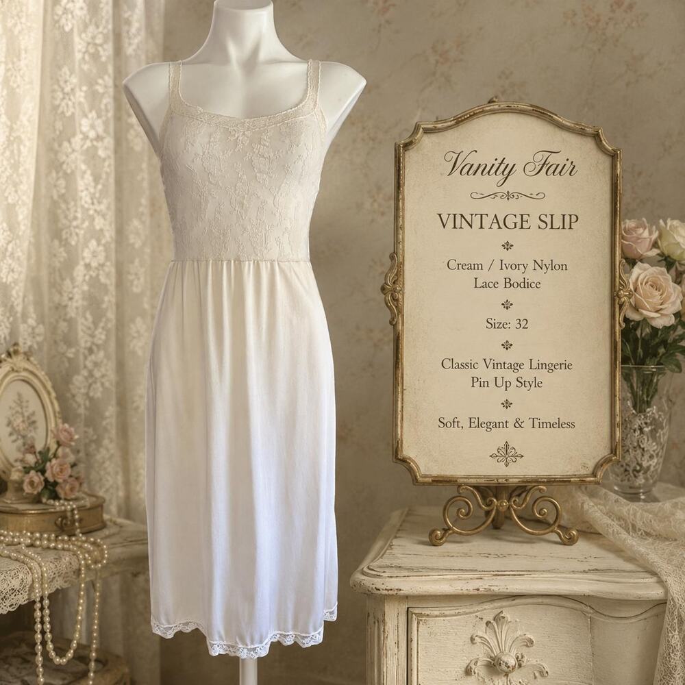 Vanity Fair Vintage Slip Cream Ivory Nylon Lace Bodice Size 32 Pin Up Lingerie